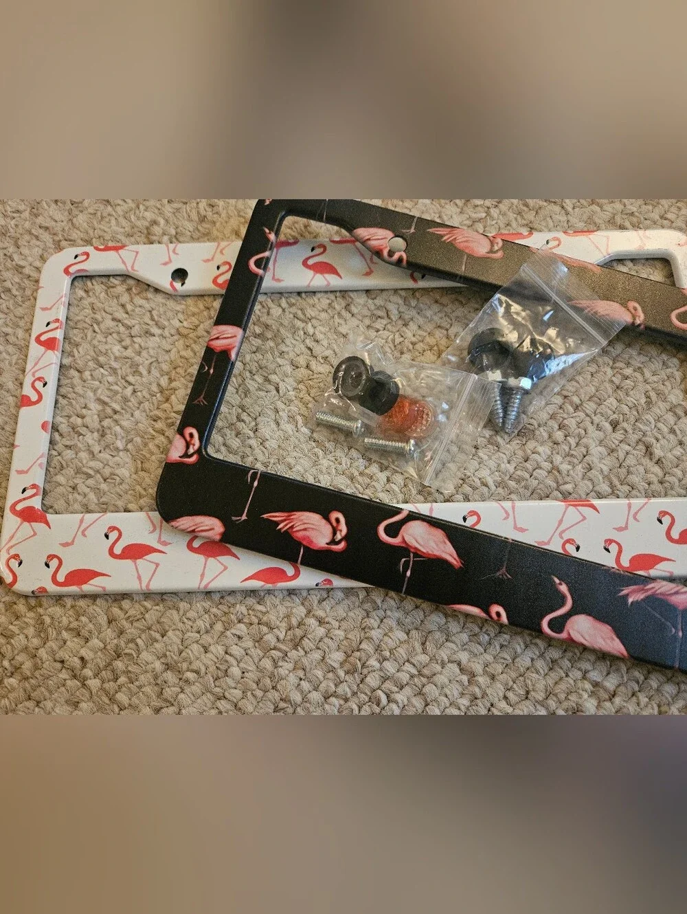 Flamingo Pattern License Plate Frame Set - Pink on Black & White